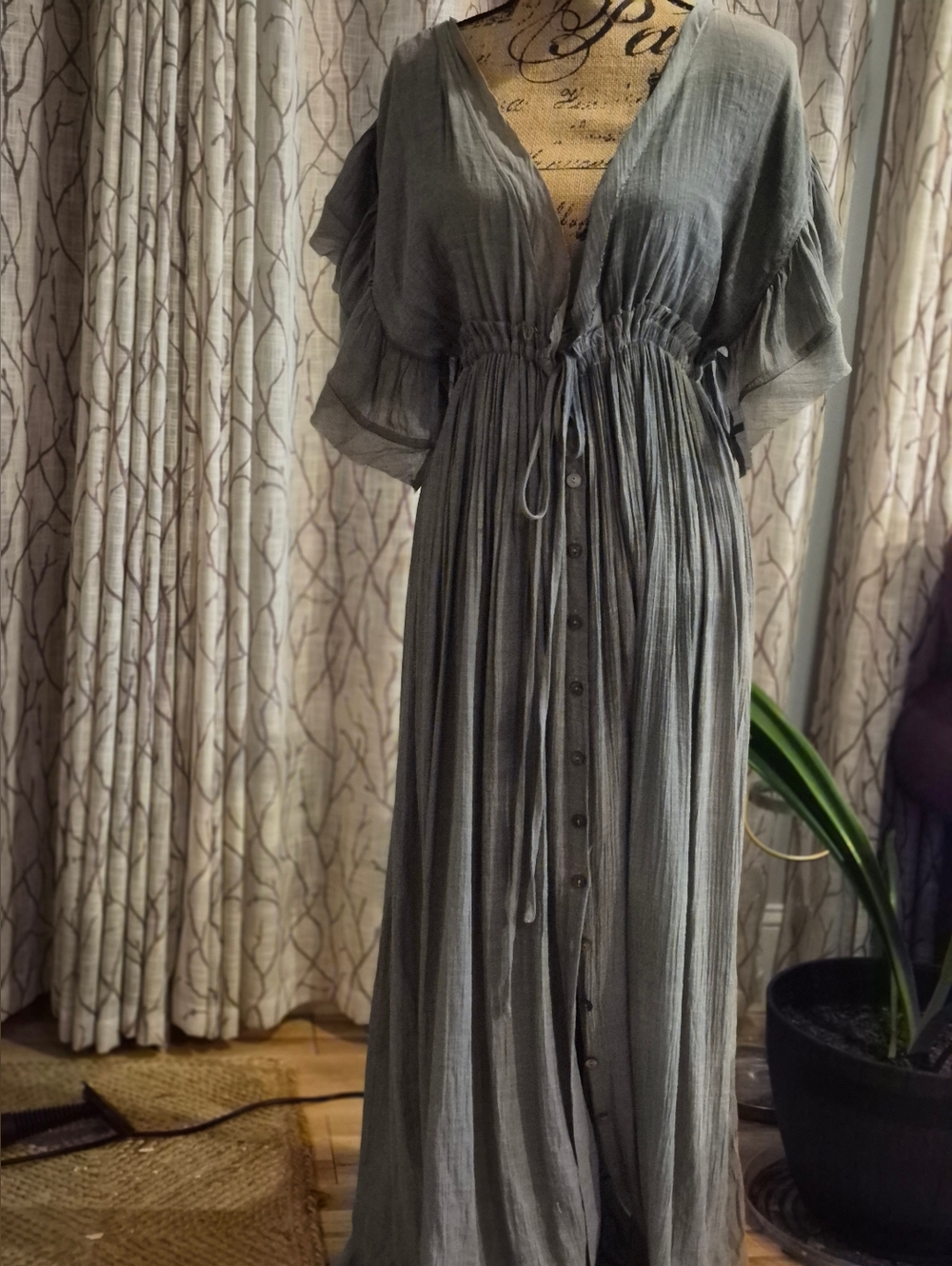 Boho Ruffle Sleeve Maxi Dress - Gray/Blue - Picture 2 of 8